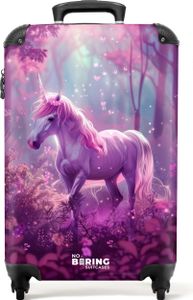 NoBoringSuitcases.com Kinder Handgepäck Koffer 55x35x20 cm, 36L, Niedliche Drucke für Mädchen: Lila - Einhorn, Reisekoffer mit 4 Rollen