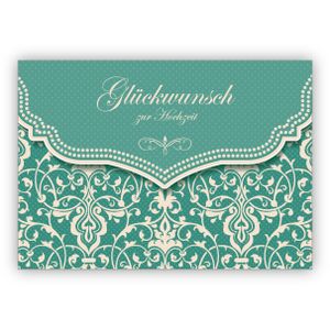 Schöne Hochzeitskarte mit Vintage Damast Muster in edlem hellblau türkis: Glückwunsch zur Hochzeit
