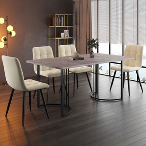 Flieks Essgruppe Esstisch mit 4 Esszimmerstuhl, Sitzgruppe Küchentischset 5tlg., Küchentisch mit 4 Esszimmerstuhl, Stuhl mit Samtbezug, Beige Grau