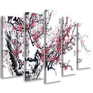 Feeby Leinwandbild 5-teilig auf Vlies Kirschblüte Japan Baum 200x100 Wandbild Bilder Bild