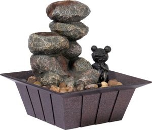 dobar Zimmerbrunnen in Steinoptik mit Deko-Steinen und Frosch, Wasserspiel mit Pumpe für innen, Polyresin, 20 x 20 x 21,5 cm, grau-schwarz