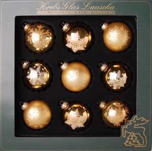 Krebs Glas Lauscha 9 Adventskugeln Goldfarben 8cm - Glaskugelsortiment - verziert, glänzend und matt