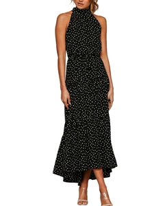 Damen y Neckholder Polka Dot Print Langes Kleid,Farbe: Schwarz,Größe:M