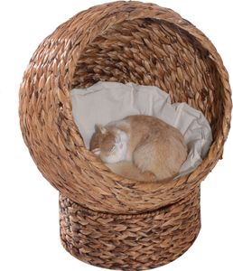 PawHut Rattan Katzenkorb Katzenhöhle Katzenhütte Katzenbett mit Kissen Haustierbett Wasserhyazinthe Hellbraun 50 x 42 x 60 cm