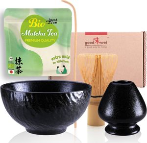 Matcha Set "Rokku Kuro" - Matcha miska, bambusová metla s držiakom a organická Matcha