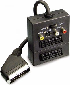 Adapter S/CONN do maksymalnej łączności wideo/audio, wtyk Scart na 2 złącza Scart, złącze S-VHS, 3 złącza cinch, IN/OUT z przełącznikiem, 0,2 m (94037)
