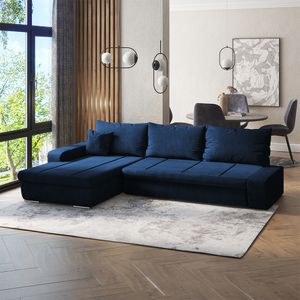 Selsey Ecksofa MARGARITKA  - Schlafcouch / Veloursbezug Dunkelblau wasserbeständig / Ottomane beidseitig montierbar / freistehend,  250 cm breit