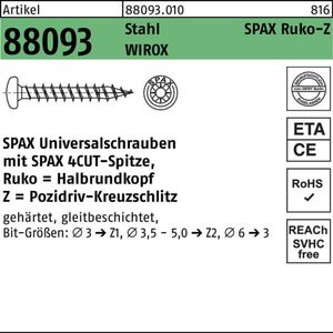 SPAX Schraube - Halbrundkopf - Kreuzschlitz Z - VG - verz - 3,0x15 - 1000 Stk