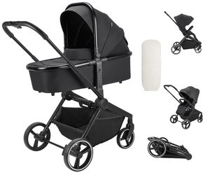 Booboo Jazzi Kinderwagen, 2 in 1 Kombikinderwagen mit Sportwagen + Babywanne, ab Geburt bis 22 kg, leicht, kompakt, große Räder - Black