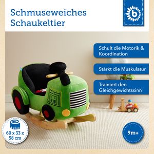 Bieco Plüsch Schaukeltier Traktor 60 cm | Kinder Schaukelstuhl mit Sicherheitsgurt | Baby Schaukel | Schaukel Kleinkind | Schaukeltier Baby Zimmer | Baby Schaukelwippe ab 9 Monate | Schaukelpferd Holz