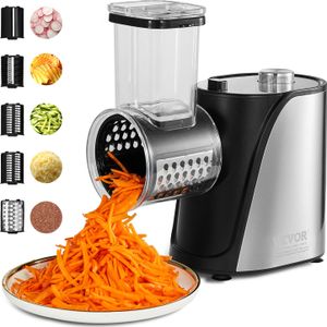 VEVOR Elektrische Käsereibe / Salatzubereiter, 250 W Salatschleuder, Elektrischer Gemüseschneider Gemüsehobel, Zerkleinerer für Obst mit 5 Aufsätzen, Lebensmittelschneider aus Edelstahl & ABS