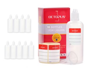 10 Plastikflaschen 100 ml LDPE, G14, Tropfeinsatz, Deckel weiß, 1 Mini-Trichter