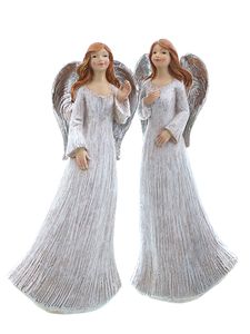 2er Set klassischer Engel | Dekofigur Figur Weihnachtsengel | creme silber | 20 cm
