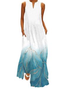 Damen Maxikleider Ärmelloses Strandkleid Sommer Swing Kleider Trägerkleid mit Taschen Blau Weiss,Größe M