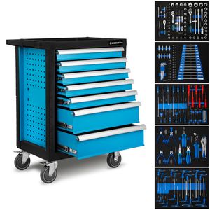 EBERTH Werkstattwagen 167-teilig bestückt, 7 Schubladen, 5 Davon mit Werkzeug gefüllt, Doppelwandiger Werkzeugwagen aus Stahl, Blau Pulverbeschichtet