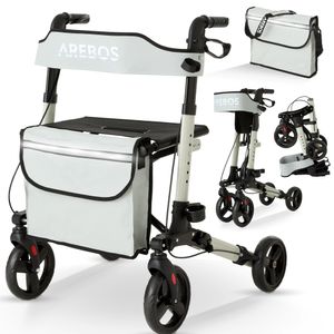 AREBOS Leichtgewicht Rollator, Rollatoren, 6-fach höhenverstellbar, bequeme Sitzfläche, Stockhalter, abnehmbare Einkaufstasche, zusammenklappbar, Grau