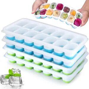 Leap 4 Pack Silikon Eiswürfelformen mit Deckel, BPA-frei, stapelbar Eiswürfelschale, sicher und gesund Eiswürfelformen - 2 blau + 2 grün