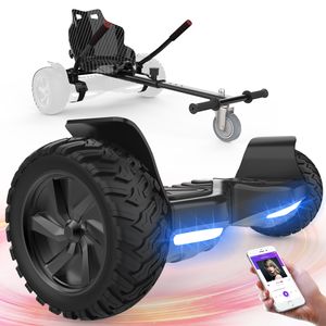 GeekMe Hoverboard mit Sitz, 8,5 Zoll All-Terrain-Hoverboards mit Hoverkart,Go-Kart mit Self Balancing Scooter, Offroad-Hoverboards mit Bluetooth-Lautsprecher,LED,Geschenk für Kinder Erwachsene