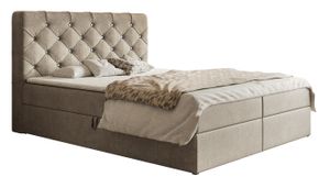 Postel Boxspring s topperem 140x200 Polo - manželská postel s matrací Bonell a dvěma zásuvkami - design Chesterfield, Glamour, čalouněná postel s krystaly - sametová látka (béžová - Jasmine 24)