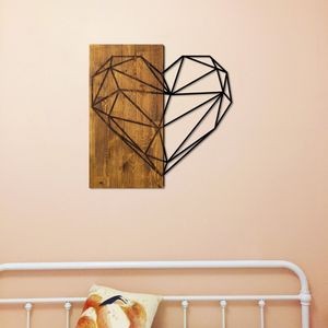 Wallity, Heart, 58 x 58 cm, Dekorative Holzwandzubehör, Nussbaumfarbe , Schwarz, 50% Holz (Dicke: 3 cm) / 50% Metall