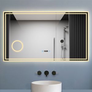 LED Badspiegel 160×80cm mit Uhr, Touch, Beschlagfrei,Badezimmerspiegel 3 Lichtfarbe 2700-6500K ,3x Vergrößernder Kosmetikspiegel,Dimmbar,Helligkeits-Speicherfunktion,IP44