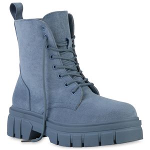VAN HILL Damen Stiefeletten Plateau Boots Stiefel Profil-Sohle Schuhe 839121, Farbe: Blau Velours, Größe: 40