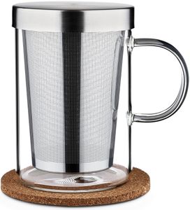 Teetasse mit Deckel und Sieb - Teeglas mit Sieb & Untersetzer 400ml - Teebecher Groß aus Borosilikat Glas - Feinmaschiger Filter