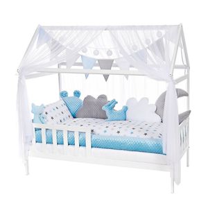 Baby-Delux Komplettbett Hausbett 140x70 cm weiß Kinderbett Kiefermassivholz mehrteiliges Bettwäsche Set Sternzauber blau Schaumstoffmatratze