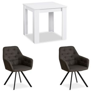 Homestyle4u 2376, Essgruppe mit 2 Stühlen Weiß Leinen Anthrazit, Esstisch Weiß 80x80 cm Küchentisch mit Stühle