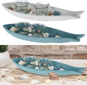 Tablett Fischform 2er Set mit Kerzenhalter MDF weiß blau 34x12cm maritim Fisch 2 Glaskerzenständer Teelichthalter