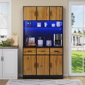 Flieks Küche Hochschrank Küchenbuffet mit Ladefunktion (Steckdosen&USB), Küchenschrank Buffetschrank Buffetständer mit Led, Küchenbuffet Schrank Braun Flieks Küche Hochschrank Küchenbuffet mit Ladefunktion (Steckdosen&USB), Küchenschrank Buffetschrank Buffetständer mit Led, Küchenbuffet Schrank Braun