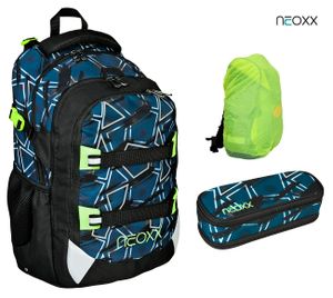 neoxx Active Schulrucksack Flash 3tlg. Set mit Schlamper-Box und Regenschutz-Hülle | Rucksack für die Schule | ergonomischer Schulranzen aus recycelten PET Flaschen | Schultasche 5. bis 12. Klasse