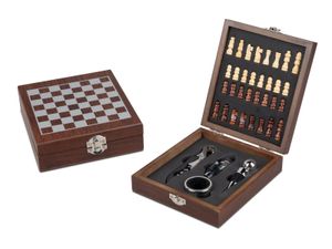 Formano Holz-Box Schach-Set 18 x 15 cm mit 4-teiligem Wein-Zubehör aus Edelstahl