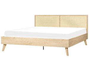 Bett Heller Holzfarbton Pappel-Faserplatte mit Lattenrost 180 x 200 cm Holzbeinen Hohem Kopfteil aus Wiener Geflecht Modern Schlafzimmer Möbel