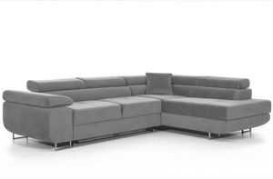 Narożnik z funkcją spania PASTI w kształcie litery L, sofa rozkładana z pojemnikiem na pościel, narożnik, sofa rozkładana, sofa z funkcją spania jasnoszara otomana prawa