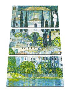 Gustav Klimt - Kirche in Cassone Landschaft mit Zypressen als Leinwandbild 3 teilig / Größe: 120x80 cm / Wandbild / Kunstdruck / fertig bespannt