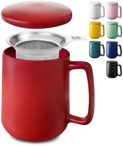 Teetasse mit Sieb und Deckel - Keramik Rot - Hält Lange warm - 500ml XXL Groß - Spülmaschinenfest
