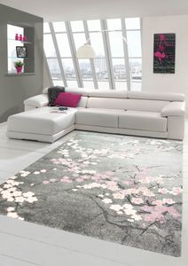 Teppich modern Wohnzimmer Teppich mit Blumenmotiv Pink Grau Größe - 140x200 cm