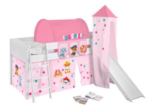 Kinderbett mit Rutsche & Turm IDA 4106 Landhaus weiß Vorhang Paw Patrol rosa Spielbett 200x90 cm
