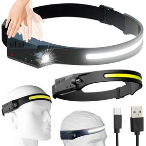 Čelovka LED, čelovka so senzorom, dobíjateľná čelovka USB, vodotesná IPX4, čierna čelovka