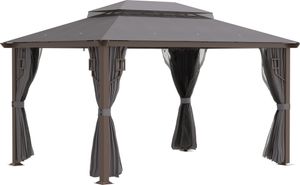 Outsunny Pavillon Gartenpavillon 4 x 3 m Gartenzelt Festzelt Partyzelt mit 4 x Seitenteile 4 x Moskitonetz atmungsaktivem Doppeldach Metall Polyester Braun+Dunkelgrau