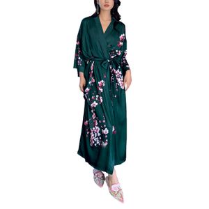 Vivi Idee Morgenmantel damen leicht Bademantel kimono lang satin Sauna Bathrobe Schlafmantel Einheitsgröße Grün-Mei Blüte