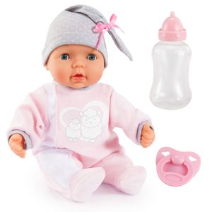 Bayer Design 93829AA My Piccolina Interactive Puppe mit Funktion, sprechend, Babylaute, bewegt den Mund, 38 cm, rosa, grau mit Motiv Schaf