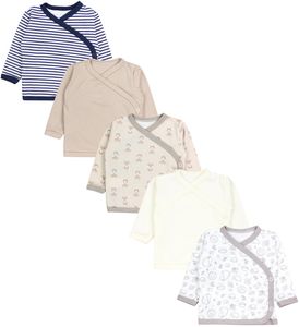 TupTam Baby Langarm Wickelshirt 5er Set aus OEKO-TEX zertifizierten Stoffen Unisex, Farbe: Igel Füchse Streifen Ecru Beige Dunkelblau, Größe: 68