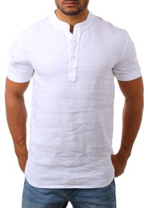 Young & Rich Herren Leinen T-Shirt mit Knopfleiste Henley Shirt Tunika kurzarm Hemd regular fit 100% Leinen T3143, Grösse:S, Farbe:Weiß