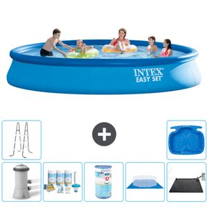 Intex runder aufblasbarer Easy Set-Schwimmpool – 457 x 84 cm – Blau – inklusive Pumpe Wartungspaket - Filter - Bodenplane - Solarmatte - Leiter - Fußbad
