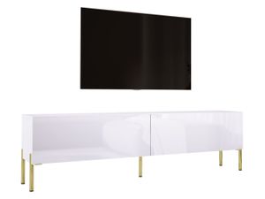TV-Schrank in Weiß matt / Weiß glänzend mit Beinen in Gold, A: B: 170 cm cm, H: 52 cm, T: 32 cm. TV-Möbel, TV-Tisch, TV-Bank