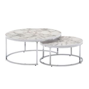 WOHNLING konferenčný stolík set 2 ks bielych strieborných konferenčných stolíkov mramorového vzhľadu okrúhly moderný | Príručný stolík 2-dielny kovový