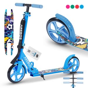 AREBOS Grafitti městská koloběžka s nastavitelnou výškou | 90 x 38,5 x 93 cm | včetně popruhu na přenášení | XXL kola | pedálová brzda | pro děti a dospělé | modrá