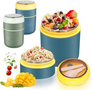 2Stk Thermobehälter mit Griff Löffel,710ml Edelstah Warmhaltebehälter für Essen,Lunchbox Speisebehälter(Grün+Blau)